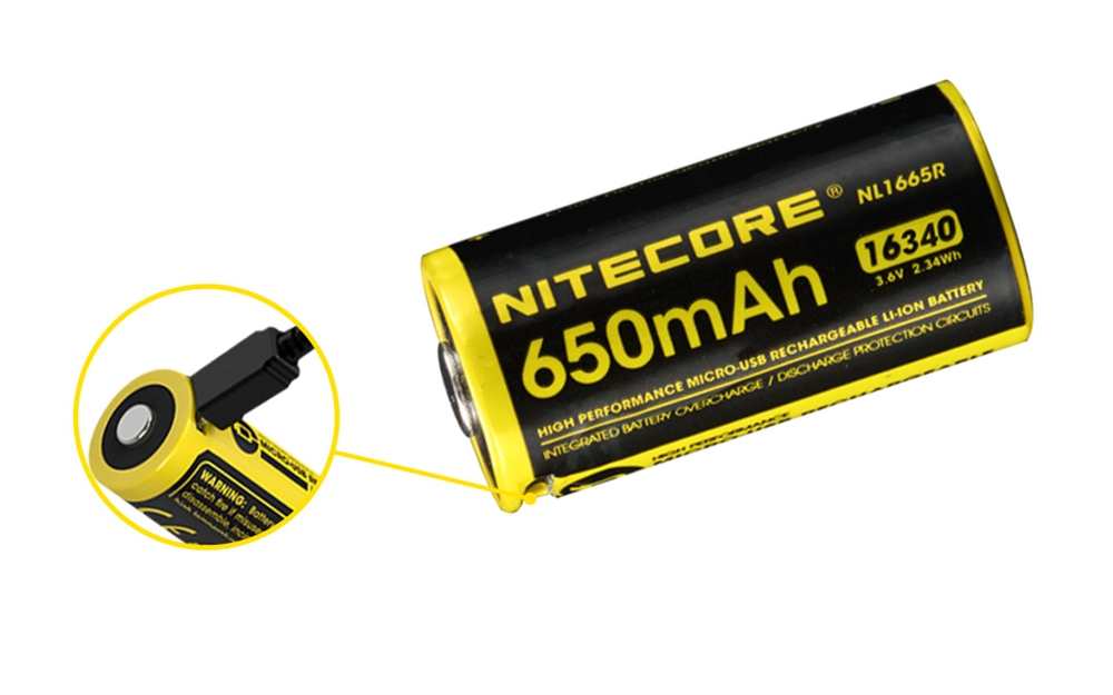 Batteries & Chargers NITECORE NL1665R 650mAh 16340 USB Rechargeable Battery