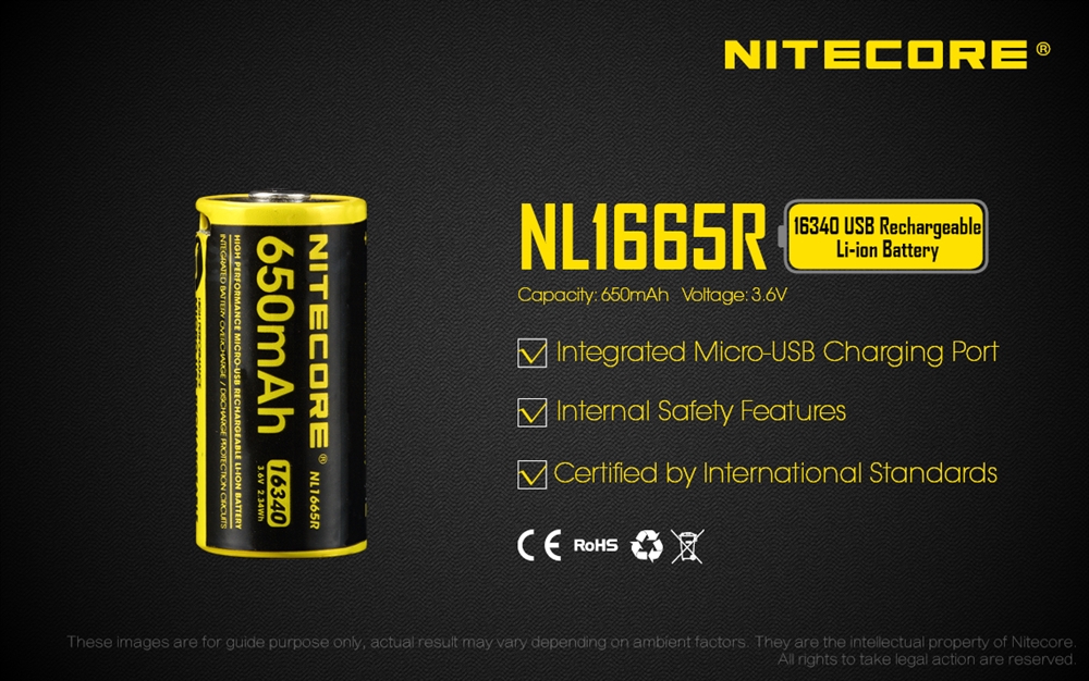 Batteries & Chargers NITECORE NL1665R 650mAh 16340 USB Rechargeable Battery - Image 2